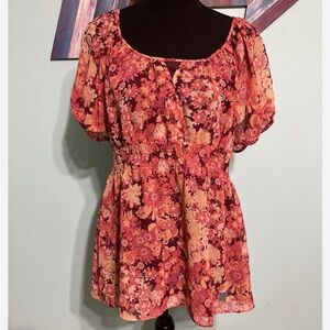 Axcess Smocked Puff Sleeve Blouse in Pink and Orange